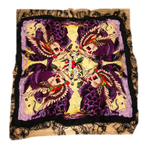 Y2k Ed Hardy 100% Silk Scarf w Fringe ‘True til Death’ Skulls 34” x 34”